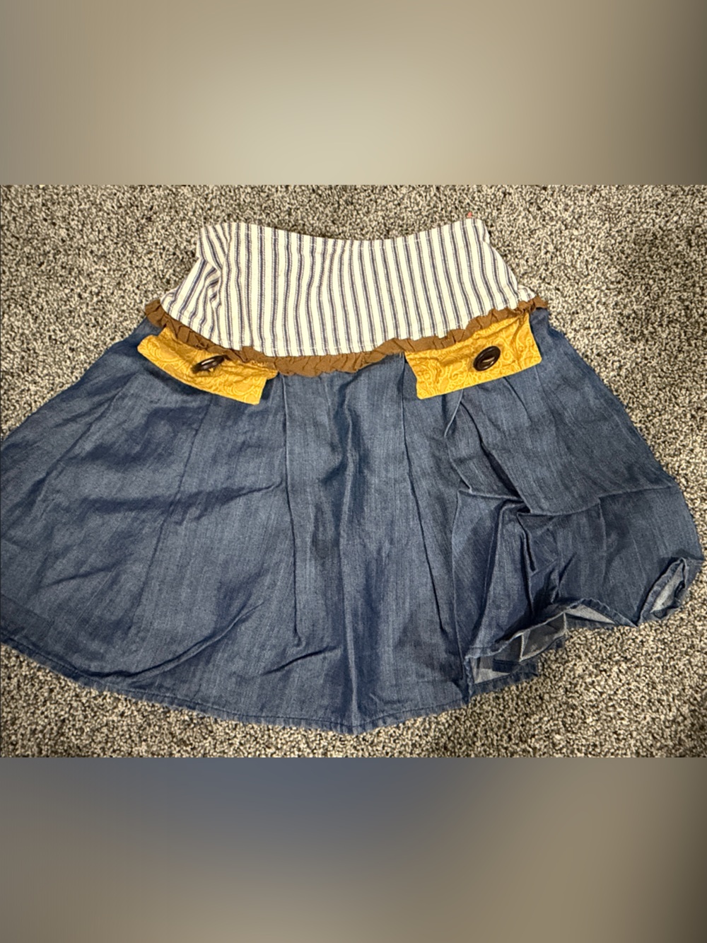Persnickety Blue Denim-Style Skirt with Yellow Trim